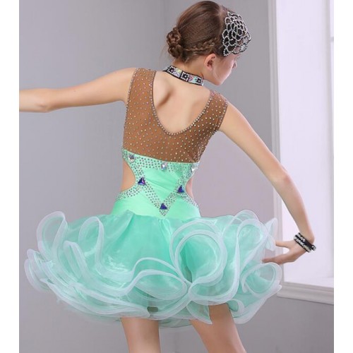 Girls competition latin dresses kids children mint orange violet stones professional stage performance salsa chacha rumba dancing dresses outfits